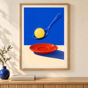 May include: A framed art print featuring a vibrant blue background with a bright yellow sphere resting in a blue spoon suspended above a red saucer. The composition uses bold primary colors and sharp shadows to create a surreal, floating effect.