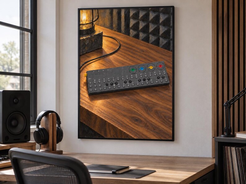 Op de afbeelding: Een rechthoekige donkergrijze elektronische synthesizer met een raster van kleine ronde knoppen, een rij van vier grotere gekleurde knoppen in groen, blauw, geel en rood, en een enkele goudkleurige knop aan de linkerkant, weergegeven als wandkunst.