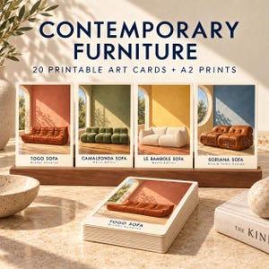 May include: A set of 20 printable art cards and A2 prints titled CONTEMPORARY FURNITURE. The cards feature illustrations of Togo, Camaleonda, Le Bambole, and Soriana sofas in various colours, displayed in a wooden stand with a stack of cards in front.