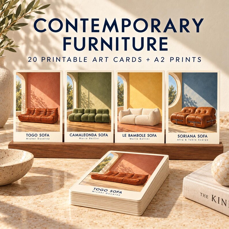 May include: A set of 20 printable art cards and A2 prints titled CONTEMPORARY FURNITURE. The cards feature illustrations of Togo, Camaleonda, Le Bambole, and Soriana sofas in various colours, displayed in a wooden stand with a stack of cards in front.