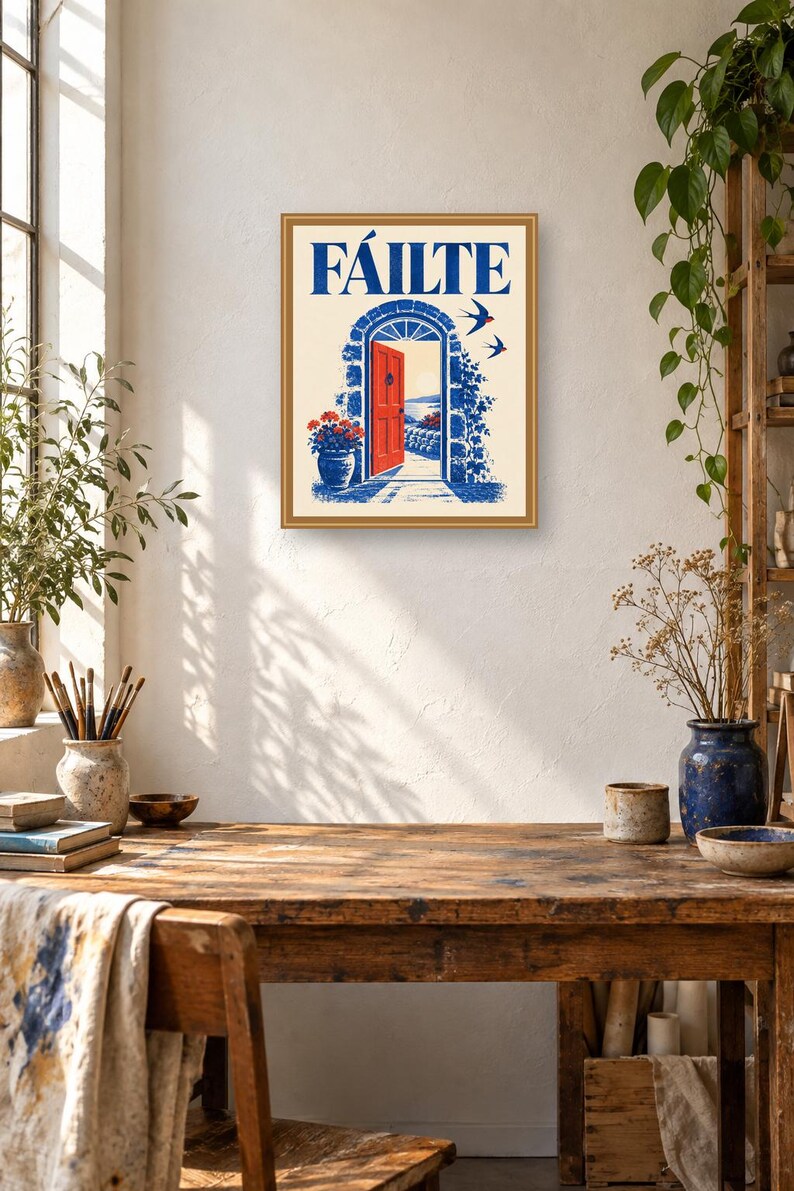 Puede incluir: Una l&aacute;mina de arte mural enmarcada que muestra la palabra F&Aacute;ILTE en azul sobre una ilustraci&oacute;n de un arco de piedra con una puerta roja brillante, detalles florales azules y dos p&aacute;jaros volando sobre un fondo crema, en un marco dorado fino.