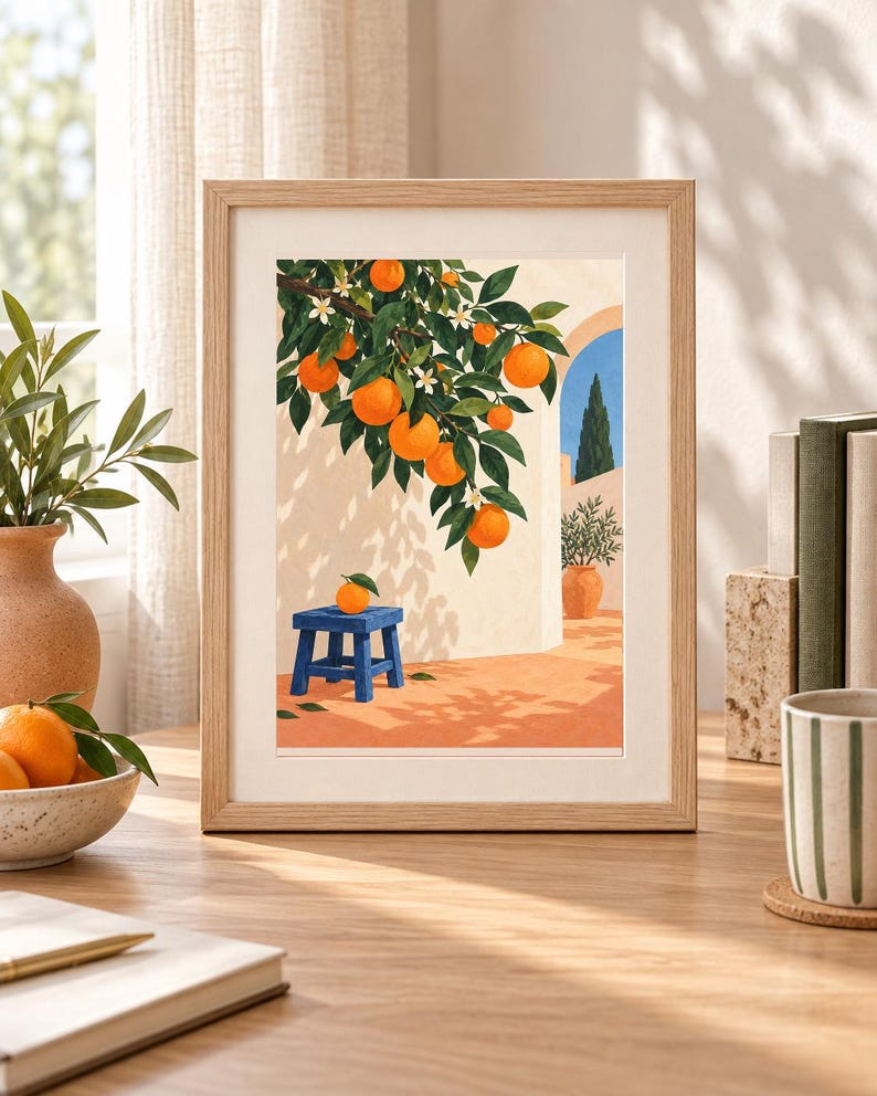 May include: A framed art print featuring a painting of an orange tree branch with bright orange fruit and green leaves hanging over a blue stool with a single orange on top, set against a light-colored wall with a blue sky and archway.