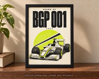 Brawn GP BGP 001 2009 Retro Racing Car Poster, A2 Print, Digital JPG