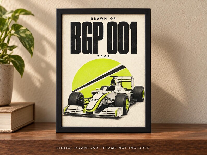 May include: A framed poster featuring a white and neon yellow Brawn GP BGP 001 Formula One race car with the number 22. The text BRAWN GP, BGP 001, and 2009 is printed in black against a cream background with a large neon yellow circle graphic.