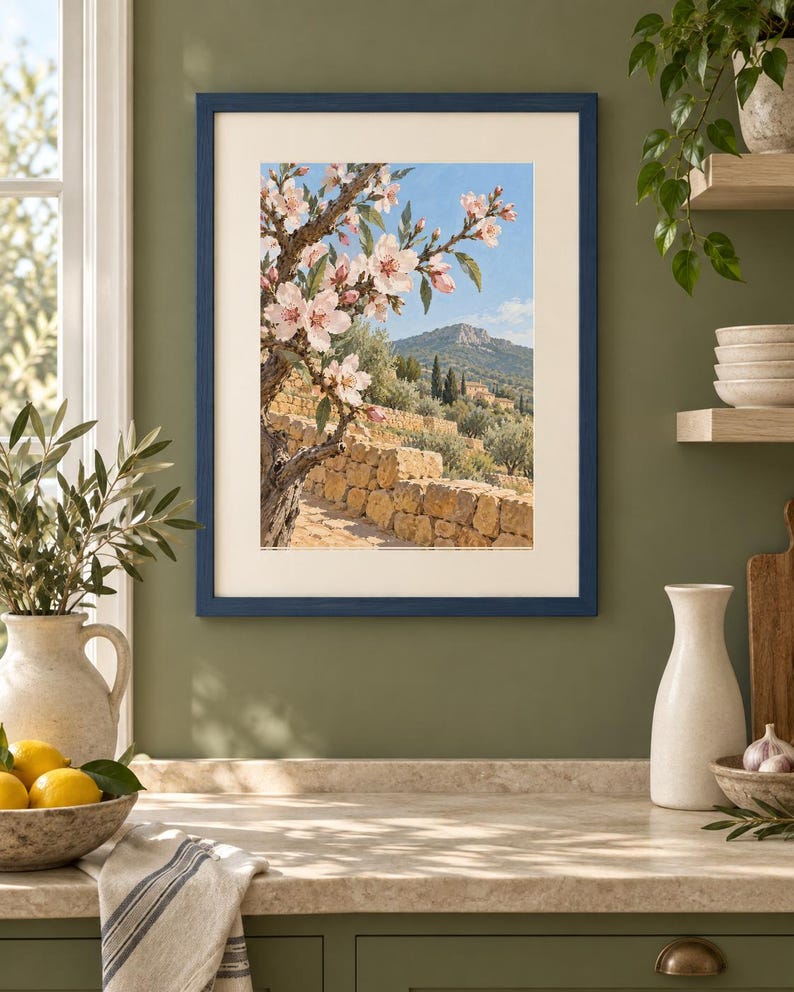 May include: A rectangular wall art print in a dark blue frame featuring a landscape painting of a blooming almond tree with light pink flowers, a stone wall, and a distant mountain under a clear blue sky, displayed on a solid olive green wall.