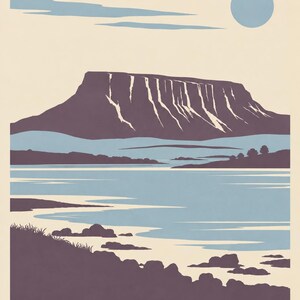 May include: A graphic art print featuring a flat-style landscape of a mountain with white vertical streaks, a blue lake, and a pale sky with a blue circular sun. The foreground shows dark purple rocky terrain. The word SLIGO is printed at the bottom.