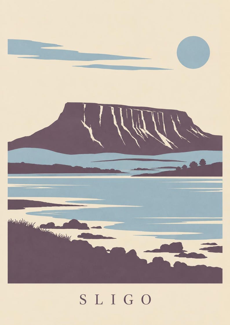 May include: A graphic art print featuring a flat-style landscape of a mountain with white vertical streaks, a blue lake, and a pale sky with a blue circular sun. The foreground shows dark purple rocky terrain. The word SLIGO is printed at the bottom.