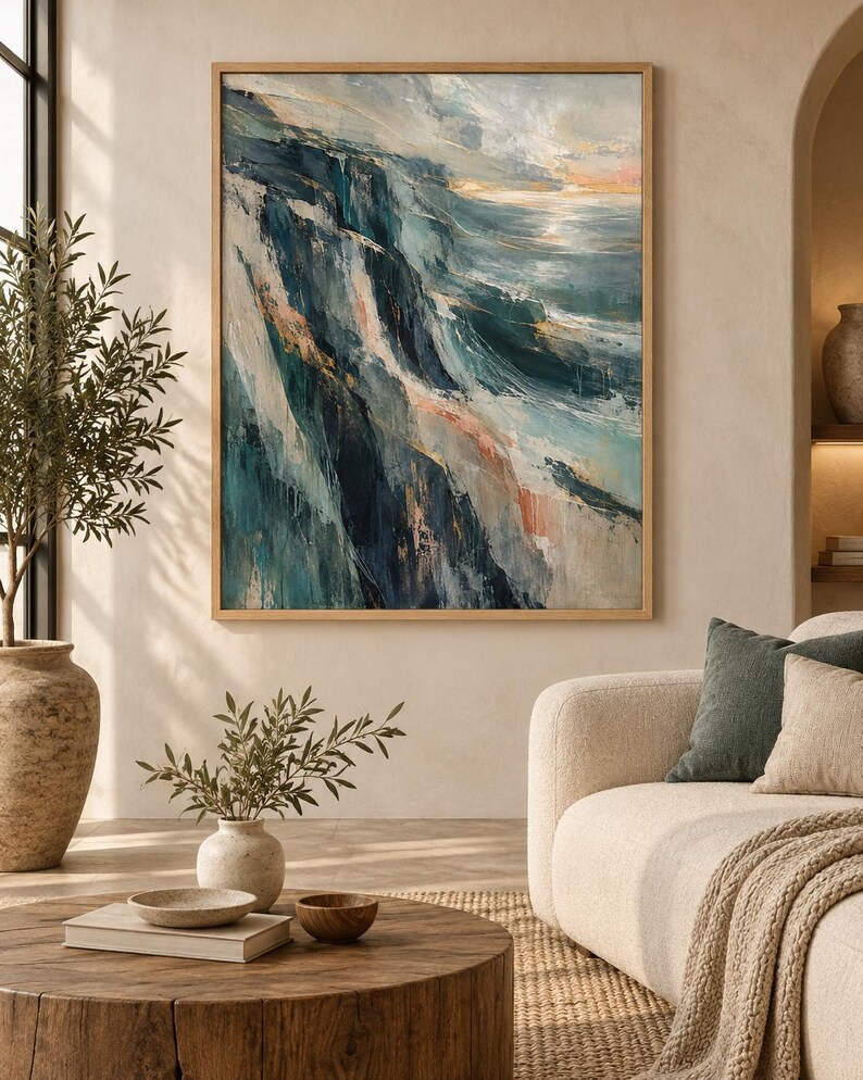 May include: A framed rectangular wall art piece featuring an abstract coastal landscape painting with deep navy, teal, and soft peach brushstrokes. The artwork depicts a rugged cliffside meeting the ocean under a light sky, encased in a light wood frame.