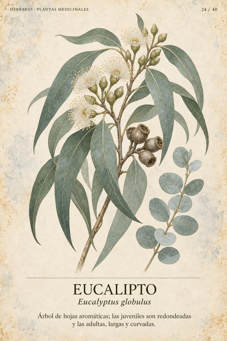 Op de afbeelding: Een botanische illustratie van een eucalyptusplant met lange, gebogen, blauwgroene bladeren, witte bloemen en houtachtige zaaddozen. De tekst luidt HERBARIO PLANTAS MEDICINALES 24/40, EUCALIPTO Eucalyptus globulus, en een beschrijvende zin.