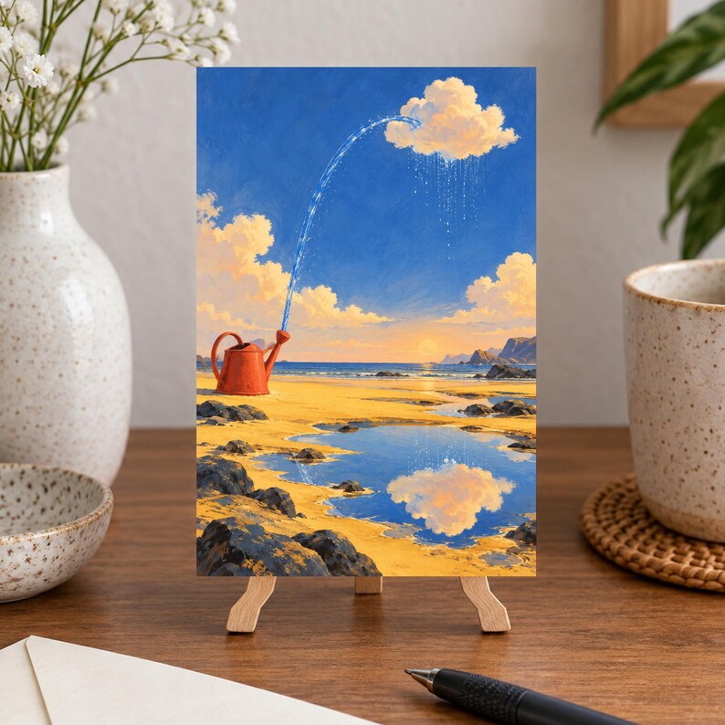 K&ouml;nnte beinhalten: Ein rechteckiger Kunstdruck mit einer surrealen Landschaft, die eine leuchtend orangefarbene Gie&szlig;kanne an einem Sandstrand zeigt. Ein Wasserstrahl spr&uuml;ht aus dem Ausguss in eine einzelne flauschige Wolke am blauen Himmel, die auf den Strand regnet.