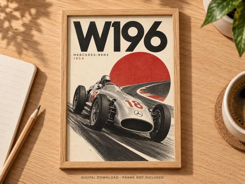 May include: A framed poster featuring a vintage silver Mercedes-Benz W196 race car with the number 18, driving on a track. The design includes the text W196, Mercedes-Benz, and 1954, set against a cream background with a large red circle graphic.