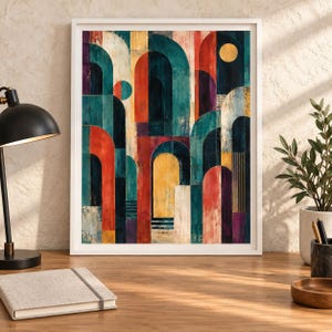 Pode incluir: Uma impress&atilde;o de arte de parede emoldurada com uma composi&ccedil;&atilde;o abstrata de arcos geom&eacute;tricos sobrepostos em tons de azul-petr&oacute;leo profundo, laranja queimado, amarelo mostarda e roxo. O design incorpora linhas verticais e um sol dourado.