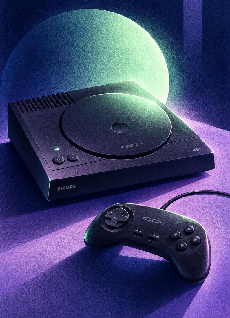 K&ouml;nnte beinhalten: Eine schwarze Philips CD-i 450 Spielkonsole mit kreisf&ouml;rmigem Disc-Deckel, einer Betriebsanzeige und zwei Tasten auf der Oberseite. Ein passender schwarzer kabelgebundener Controller mit Steuerkreuz, Select- und Start-Tasten sowie vier Aktionstasten.