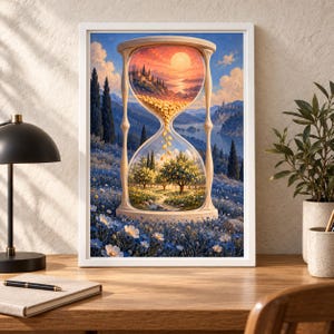 May include: A framed wall art print featuring a surreal hourglass. The top bulb shows a sunset over a coastal landscape, while the bottom bulb displays a sunlit orchard with trees. Golden grains flow between the two sections, set against a field of blue flowers.