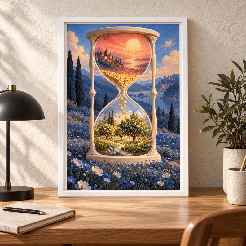May include: A framed wall art print featuring a surreal hourglass. The top bulb shows a sunset over a coastal landscape, while the bottom bulb displays a sunlit orchard with trees. Golden grains flow between the two sections, set against a field of blue flowers.