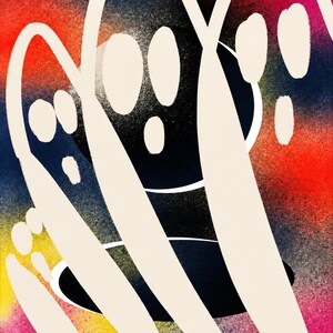 May include: A digital art print featuring three stylized, off-white ghost figures with oval eyes and mouths. The ghosts are layered over a vibrant, spray-painted background that transitions through gradients of red, orange, yellow, blue, and pink.