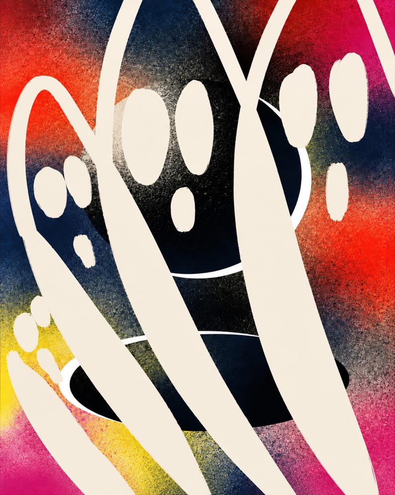 May include: A digital art print featuring three stylized, off-white ghost figures with oval eyes and mouths. The ghosts are layered over a vibrant, spray-painted background that transitions through gradients of red, orange, yellow, blue, and pink.