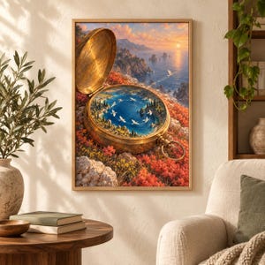 May include: A framed wall art print featuring a large, open brass pocket watch resting on a rocky, flower-covered cliffside. Inside the watch face, a circular blue bay is surrounded by trees, with white birds flying in a ring above the water.