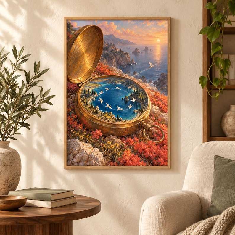 May include: A framed wall art print featuring a large, open brass pocket watch resting on a rocky, flower-covered cliffside. Inside the watch face, a circular blue bay is surrounded by trees, with white birds flying in a ring above the water.