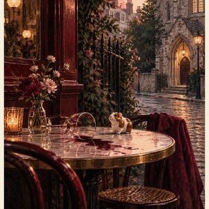 May include: A poster titled Fleabag 2016 featuring a scene with a marble-topped table, a spilled glass of red wine, a small brown and white guinea pig, a vase of flowers, and a lit candle. The background shows a street with a stone building.