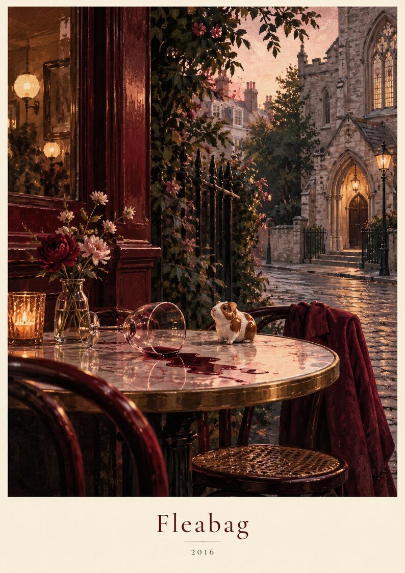 May include: A poster titled Fleabag 2016 featuring a scene with a marble-topped table, a spilled glass of red wine, a small brown and white guinea pig, a vase of flowers, and a lit candle. The background shows a street with a stone building.