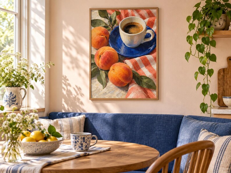 May include: A framed wall art print depicting a still life scene with three ripe orange peaches, green leaves, and a white coffee cup resting on a vibrant blue saucer, all set upon a red and white checkered cloth with a textured surface.