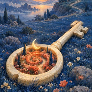 Pu&ograve; includere: Una grande chiave con una texture in pietra giace in un campo di fiori blu. L'anello circolare della chiave contiene un giardino a spirale con fiori rossi, piccoli alberi e una luna crescente luminosa. Un sentiero conduce verso un cancello.