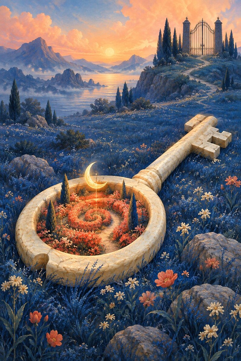 Pu&ograve; includere: Una grande chiave con una texture in pietra giace in un campo di fiori blu. L'anello circolare della chiave contiene un giardino a spirale con fiori rossi, piccoli alberi e una luna crescente luminosa. Un sentiero conduce verso un cancello.