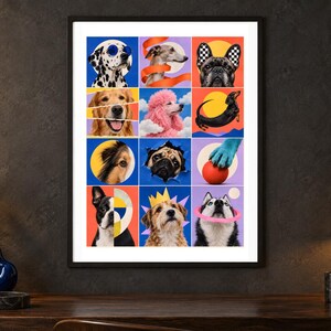 Pu&ograve; includere: Una stampa artistica da parete incorniciata che presenta una griglia di dodici quadrati colorati, ognuno dei quali mostra una razza di cane diversa. I cani sono raffigurati in vari stili artistici, tra cui un dalmata con occhiali blu e un barboncino rosa.