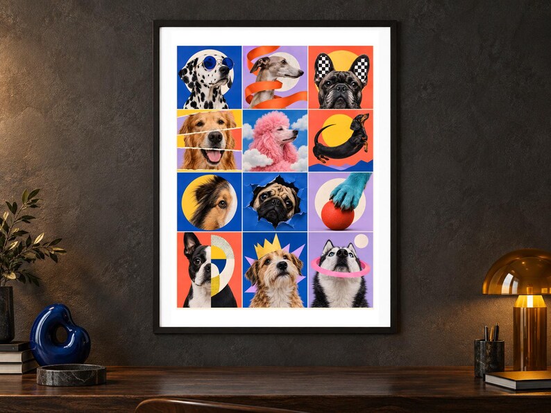 Pu&ograve; includere: Una stampa artistica da parete incorniciata che presenta una griglia di dodici quadrati colorati, ognuno dei quali mostra una razza di cane diversa. I cani sono raffigurati in vari stili artistici, tra cui un dalmata con occhiali blu e un barboncino rosa.