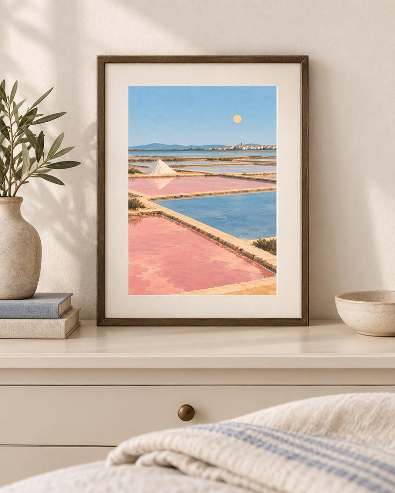 May include: A framed art print depicting a landscape of salt pans with rectangular pools of pink and blue water, a white salt mound, distant hills, and a pale yellow sun in a clear blue sky, displayed in a dark brown wooden frame on a white wall.
