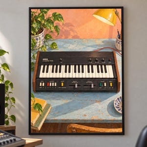 May include: A black Korg MiniKorg 700S synthesizer with wooden side panels, white and black keys, and a control panel featuring various knobs, sliders, and colorful switches, displayed as a framed wall art print in a studio setting.