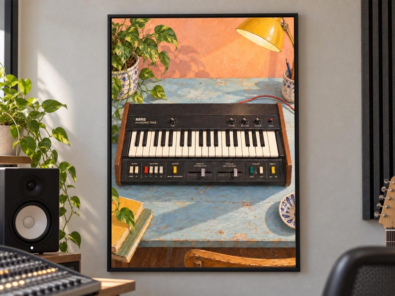 May include: A black Korg MiniKorg 700S synthesizer with wooden side panels, white and black keys, and a control panel featuring various knobs, sliders, and colorful switches, displayed as a framed wall art print in a studio setting.