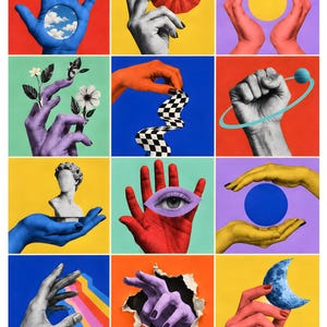 May include: A grid of twelve collage art panels featuring various hands interacting with objects including a blue sky, a red paper fan, a yellow circle, flowers, a checkered ribbon, a planet, a bust, an eye, a blue sphere, rainbow rays, and a moon.