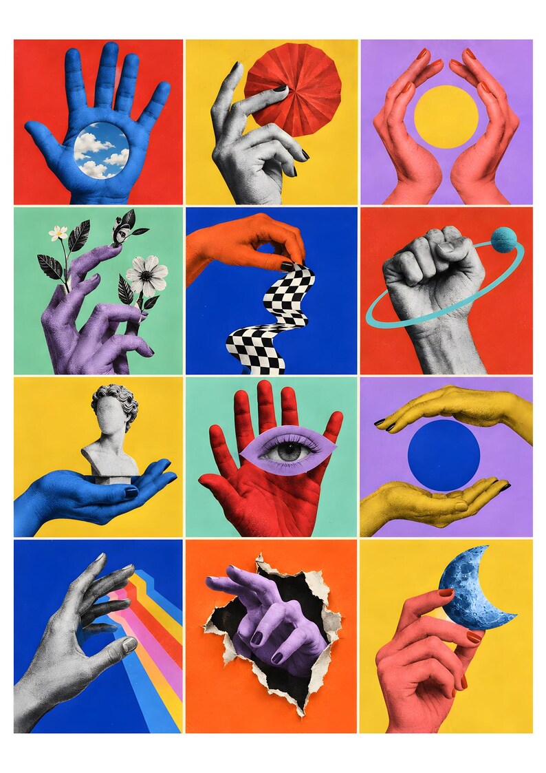 May include: A grid of twelve collage art panels featuring various hands interacting with objects including a blue sky, a red paper fan, a yellow circle, flowers, a checkered ribbon, a planet, a bust, an eye, a blue sphere, rainbow rays, and a moon.