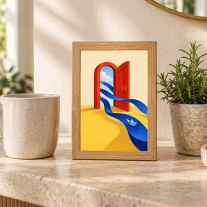 May include: A framed art print featuring a surreal illustration of a bright red door standing on a yellow landscape. A blue ribbon-like stream flows from the open door across the ground, carrying a small white paper boat toward the foreground.