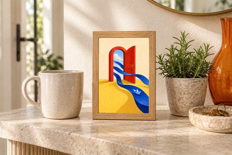 May include: A framed art print featuring a surreal illustration of a bright red door standing on a yellow landscape. A blue ribbon-like stream flows from the open door across the ground, carrying a small white paper boat toward the foreground.
