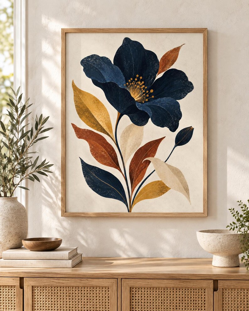 May include: A framed wall art print featuring a large, dark blue flower with a yellow centre, surrounded by stylised leaves in shades of deep blue, burnt orange, mustard yellow, and cream, all set against a neutral, off-white background.
