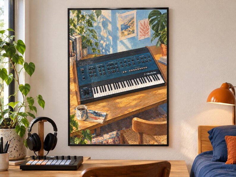 Pu&ograve; includere: Una stampa artistica da parete incorniciata che raffigura un sintetizzatore Oberheim su una scrivania in legno in una stanza soleggiata. La scena include una tazza, libri e piante, con una parete blu sullo sfondo con due quadri e ombre di foglie.