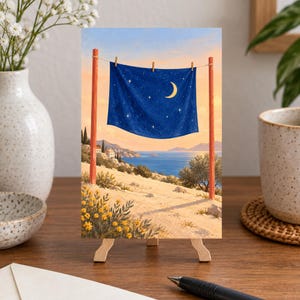 May include: A rectangular art print on a small wooden easel featuring a landscape illustration. A dark blue fabric with a crescent moon and stars hangs on a clothesline between two red poles above a coastal scene with yellow flowers.