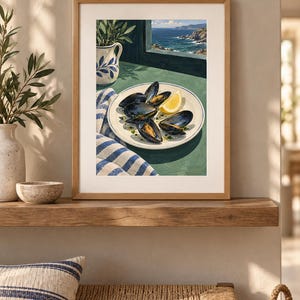 May include: A framed art print depicting a plate of dark blue mussels with a yellow lemon wedge, a blue and white striped cloth, and a white pitcher with blue floral patterns, all set on a green surface near a window overlooking the sea.