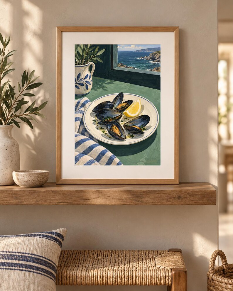 May include: A framed art print depicting a plate of dark blue mussels with a yellow lemon wedge, a blue and white striped cloth, and a white pitcher with blue floral patterns, all set on a green surface near a window overlooking the sea.