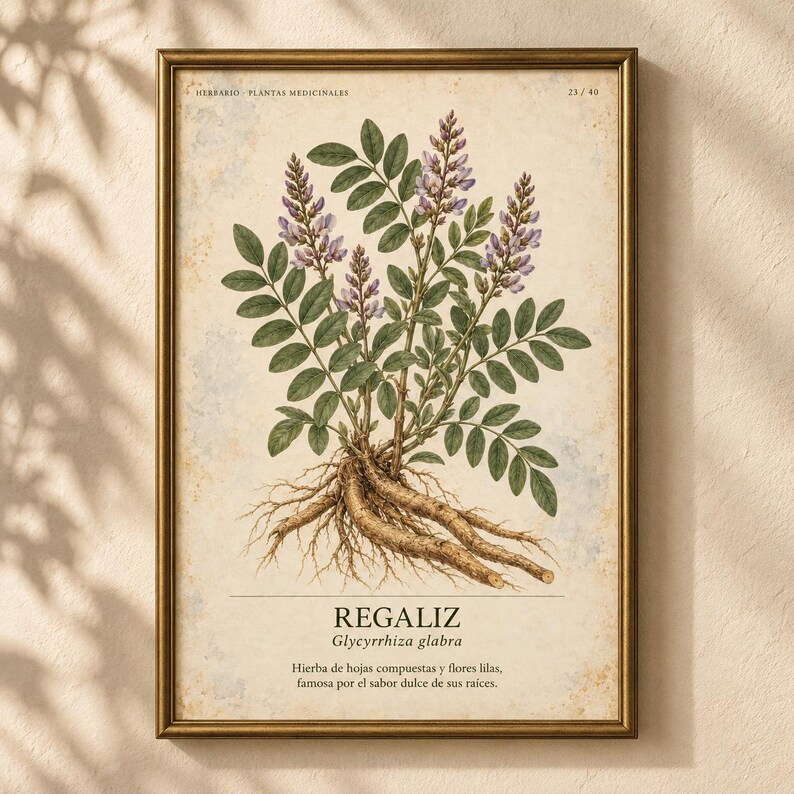 May include: A framed botanical print featuring a detailed illustration of a Glycyrrhiza glabra plant with green leaves, purple flowers, and exposed roots. The text reads HERBARIO PLANTAS MEDICINALES, 23/40, REGALIZ, Glycyrrhiza glabra, and descriptive text.
