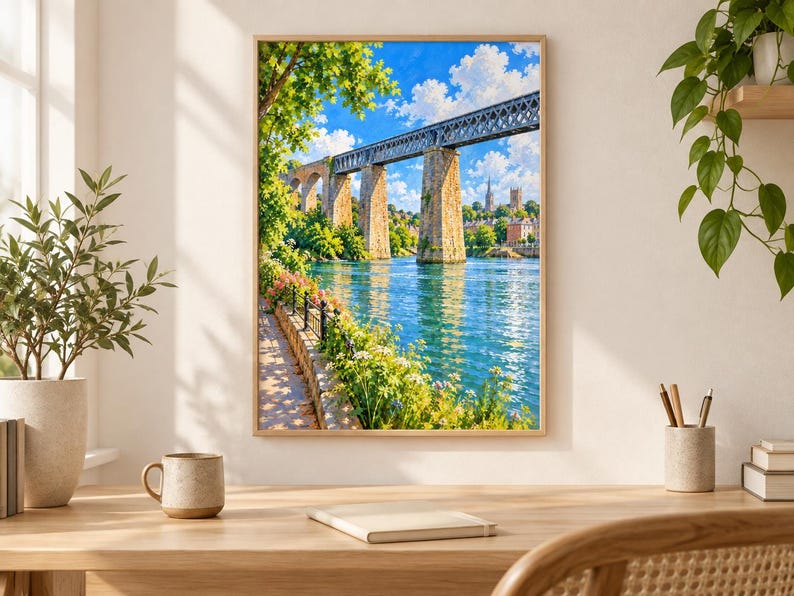 May include: A framed wall art print depicting a stone viaduct bridge spanning a blue river. The scene includes a sunlit riverside path with green foliage, blooming flowers, and a distant town skyline under a bright blue sky with white clouds.