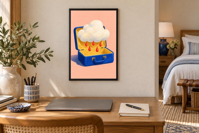 K&ouml;nnte beinhalten: Ein gerahmter Wandkunstdruck mit einem blauen Koffer, der ge&ouml;ffnet ist und eine wei&szlig;e, flauschige Wolke im Inneren zeigt. Die Wolke l&auml;sst leuchtend rote Tropfen in das gelbe Innere des Koffers regnen, alles vor einem hellen pfirsichfarbenen Hintergrund.