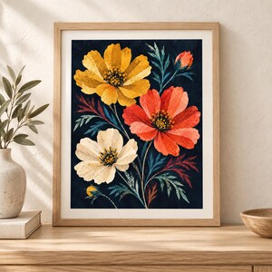 May include: A framed wall art print featuring a botanical illustration of three large cosmos flowers in yellow, orange, and cream against a dark navy background. The artwork includes detailed green and reddish foliage and two small flower buds.