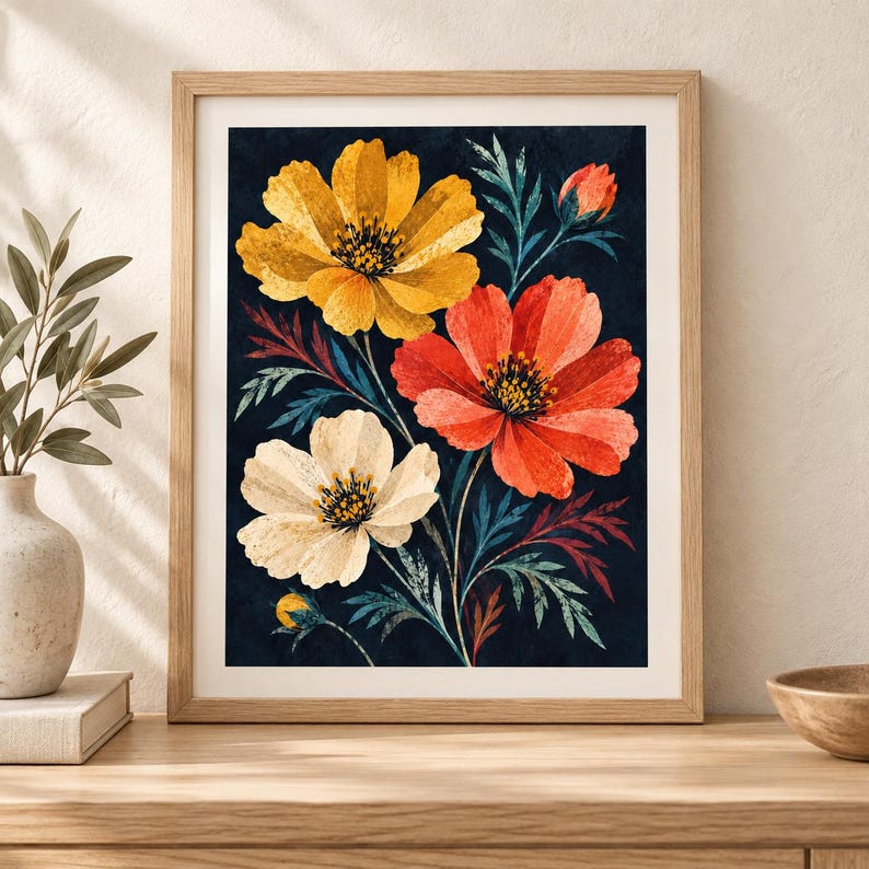 May include: A framed wall art print featuring a botanical illustration of three large cosmos flowers in yellow, orange, and cream against a dark navy background. The artwork includes detailed green and reddish foliage and two small flower buds.