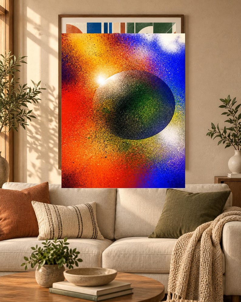Op de afbeelding: Een rechthoekige wandkunstprint met een centrale donkere bol omringd door een levendige, met spuitverf bewerkte achtergrond. De kleuren gaan over van dieprood en oranje aan de linkerkant naar helderblauw en wit aan de rechterkant, wat een kosmisch effect cre&euml;ert.