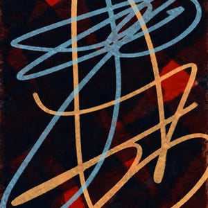 May include: An abstract digital artwork featuring overlapping light blue and golden yellow linear strokes. These fluid, hand-drawn lines are layered over a dark, textured background composed of deep red and black geometric shapes and patches.