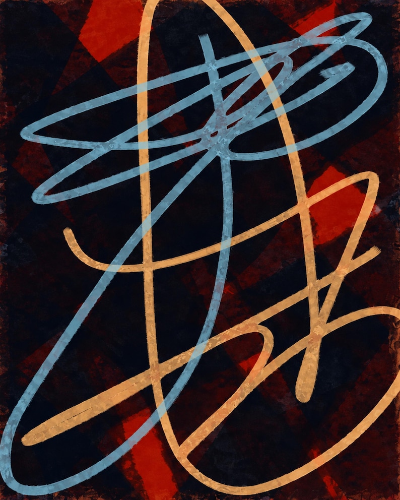 May include: An abstract digital artwork featuring overlapping light blue and golden yellow linear strokes. These fluid, hand-drawn lines are layered over a dark, textured background composed of deep red and black geometric shapes and patches.